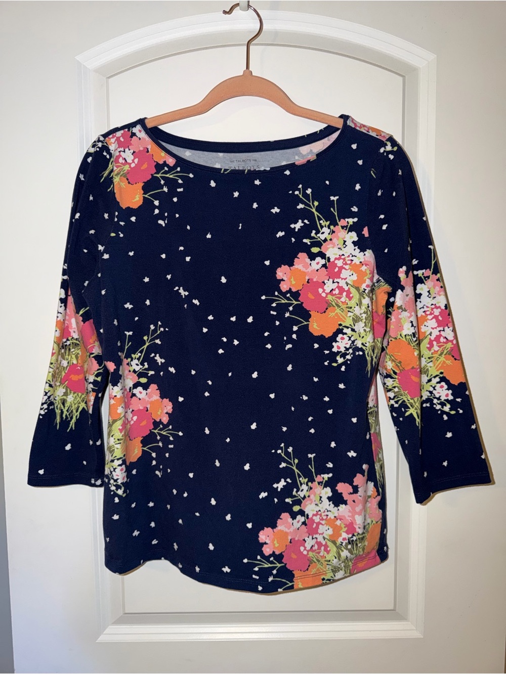 Talbots Navy Floral 3/4 Sleeve Scoop Neck Top